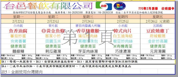110年02月份學生午餐菜單