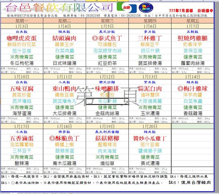 111年01月份學生午餐菜單